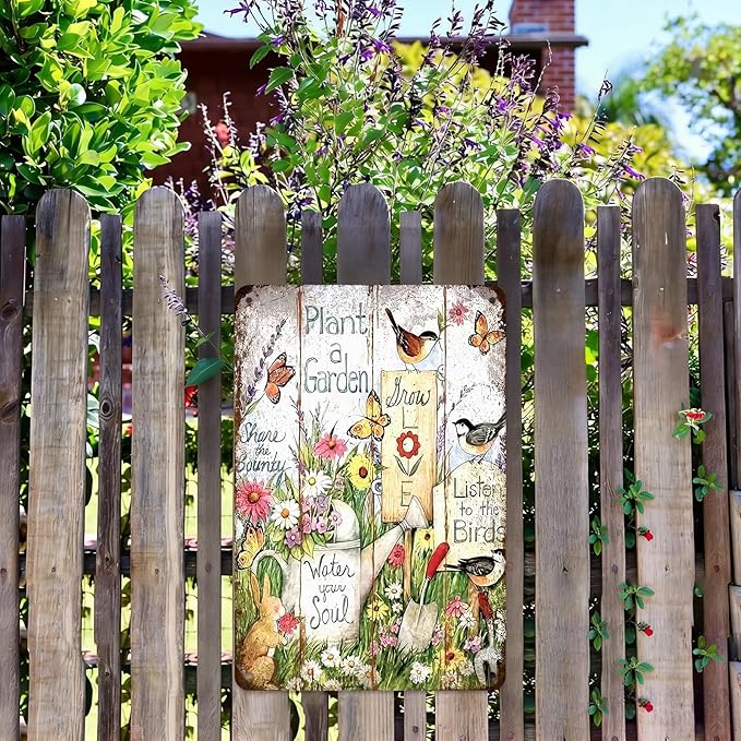 Plant a Garden Rustic Metal Tin Sign 8x12 Inch, Vintage Farm Garden Wall Decor with Birds, Flowers & Butterflies, “Water Your Soul, Listen to the Birds” Outdoor Yard Fence Plaque for Patio, Garage