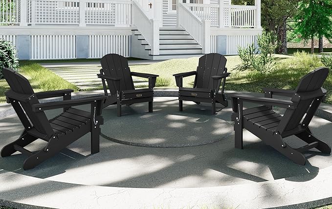 SERWALL Foldable Adirondack Chair Set of 4 for Patio Garden Outdoors Fire Pit-Black
