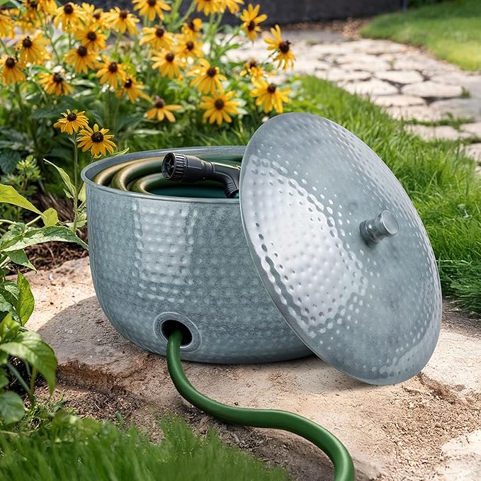 Monarch Abode Garden Hose Holder with Lid – Decorative Water Hose Holders for Outside, Hand Hammered Metal Patina Pot with Drainage, 100ft Waterhose Holder for Outside, Garden Storage Caddy
