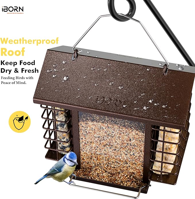 iBorn Bird Feeders for Outdoors,Bird Feeder with Double Suet Holders,Suet Feeder for Outside,Weatherproof Metal Roof,Easy to Refill&Clean,3.2 LBs Seed Capacity+2X Cake,1 Pack,Coffee Roof & Coffee Grid