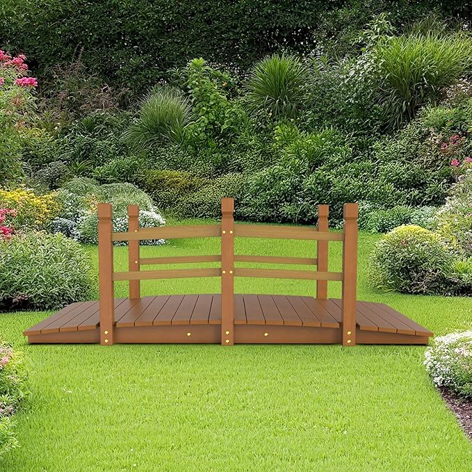 Outvita 5 ft Garden Wooden Bridge Arch Natural Finish with Safety Rails Outdoor Footbridge for Backyard Creek Farm, Decorative Pond Bridge