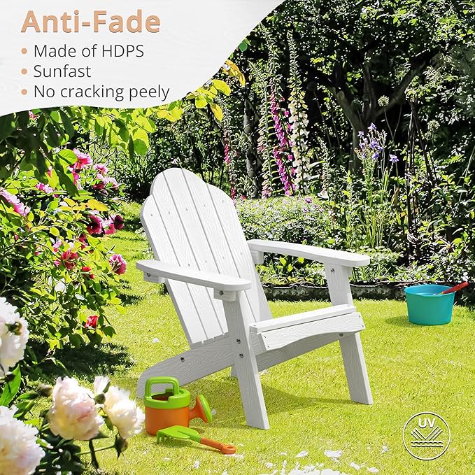 LUE BONA Kids Adirondack Chair, White Poly Lumber Plastic Chair, Toddler Adirondack Chair Weather Resistant, Kids Outdoor Patio Adirondack Lounge Chair for Balcony, Backyard