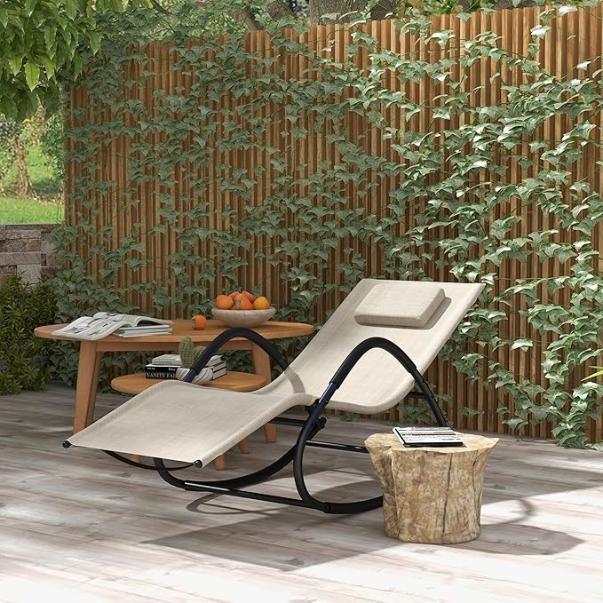 Outsunny Rocking Chair, Zero Gravity Patio Chaise Sun Lounger, Outdoor Rocker, UV Water Resistant, Pillow for Sunbathing, Lawn, Garden or Pool, Light Brown