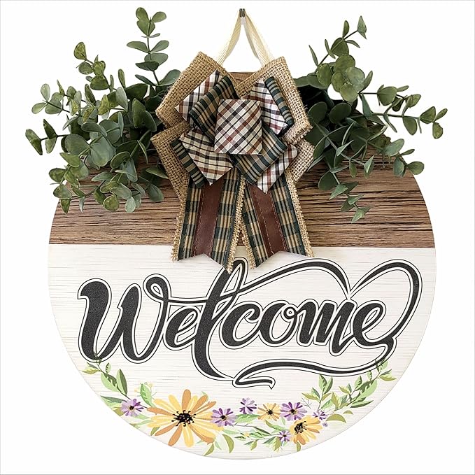 Welcome Sign Front Door Decoration 12 Inch Round Wood Wreath Wall Hanging Outdoor, Farmhouse, Porch, Suitable for Spring Summer Fall Seasons Holidays Christmas (Grass Green)