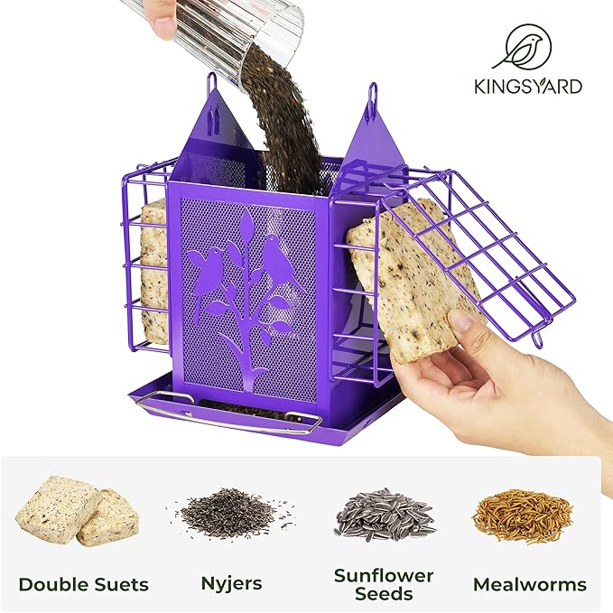 Kingsyard Metal Bird Feeder for Outdoor Hanging, Wild Bird Feeder with Double Suet Cage, Weatherproof Roof and 3 lbs Large Seed Capacity, Purple