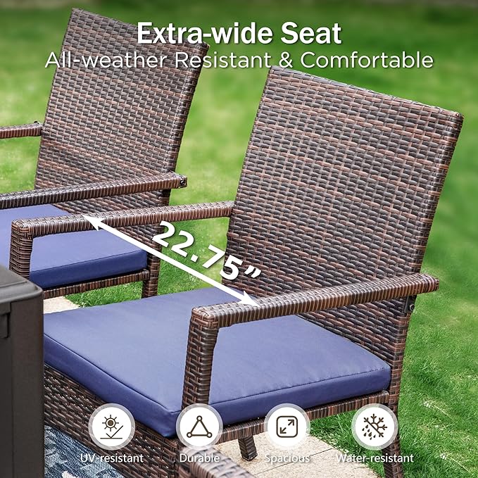 PHI VILLA 7 Piece Patio Dining Furniture Set with Umbrella, 60” Rectangular Metal Dining Table & 6 Cushioned Rattan Wicker Chairs & 13ft Large Blue Umbrella for Outdoor, Deck, Yard, Porch