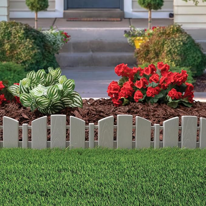 EasyFlex No-Dig Landscape Edging with Anchoring Spikes, 4.5 in. Tall Decorative Adirondack Wood-Look Fence Garden Border, 60 Foot Kit, Gray