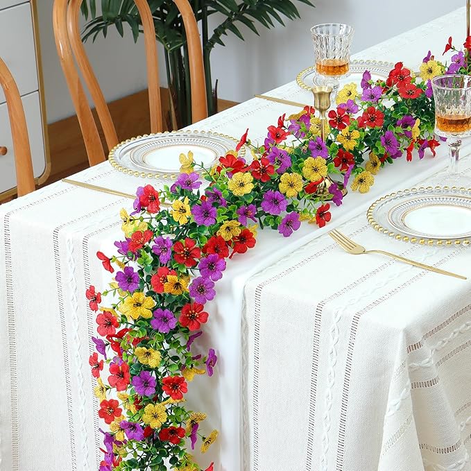 4 Pack Artificial Flower Garland,5.9FT UV Resistant Fake Daisy Floral Vine Silk Hanging Spring Wild Flower Garland for Home Mantle Garden Wedding Booth Backdrop Decor (Red Yellow Purple)