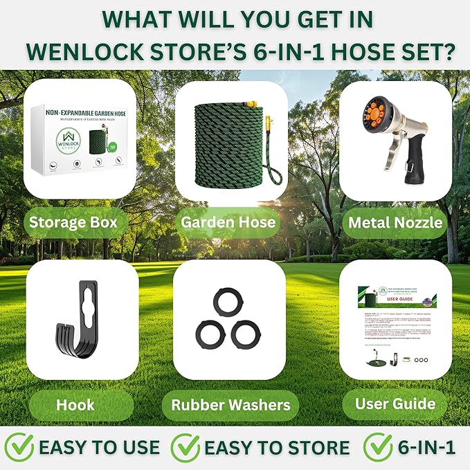 Garden Hose 75 ft, Lightweight, Sturdy Metal Nozzle 9 Spray, Heavy Duty, Leakproof Flexible Water Hose, Durable Multiple Layers, Solid Brass Connectors