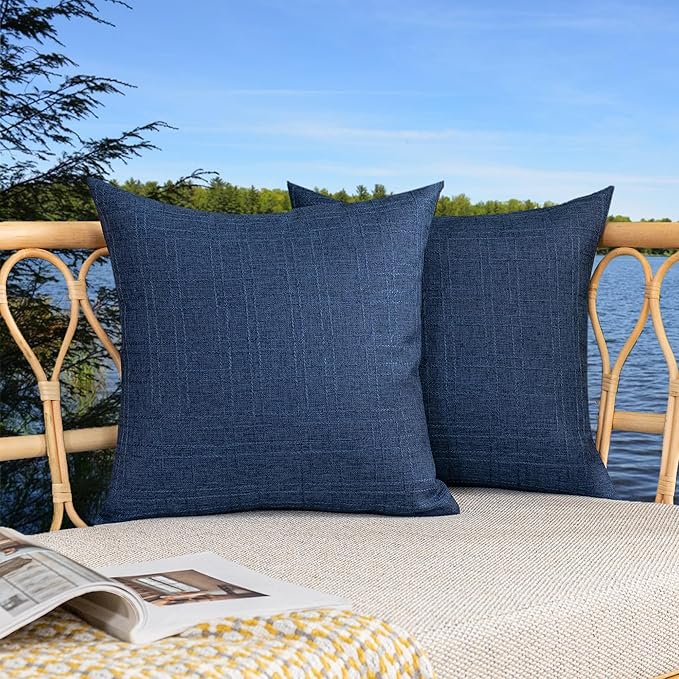 Kevin Textile Pack of 2 Decorative Outdoor Waterproof Throw Pillow Covers Checkered Pillowcases Classic Cushion Cases for Patio Couch Bench 16 x 16 Inch Blue