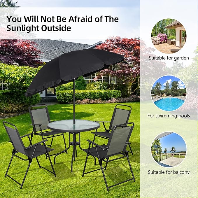 Vongrasig 6 Pieces Folding Patio Dining Set, All Weather Small Metal Outdoor Table and Chairs Set, Patio Furniture Set w/Umbrella, Glass Table & 4 Folding Chairs for Garden, Lawn, Backyard, Black