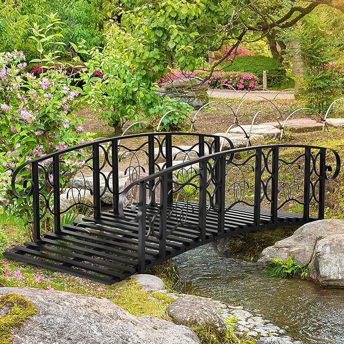 Outsunny 6' Metal Arch Backyard Garden Bridge with 660 lbs. Weight Capacity, Safety Siderails, Vine Motifs, Easy Assembly for Backyard Creek, Stream, Pond, Black