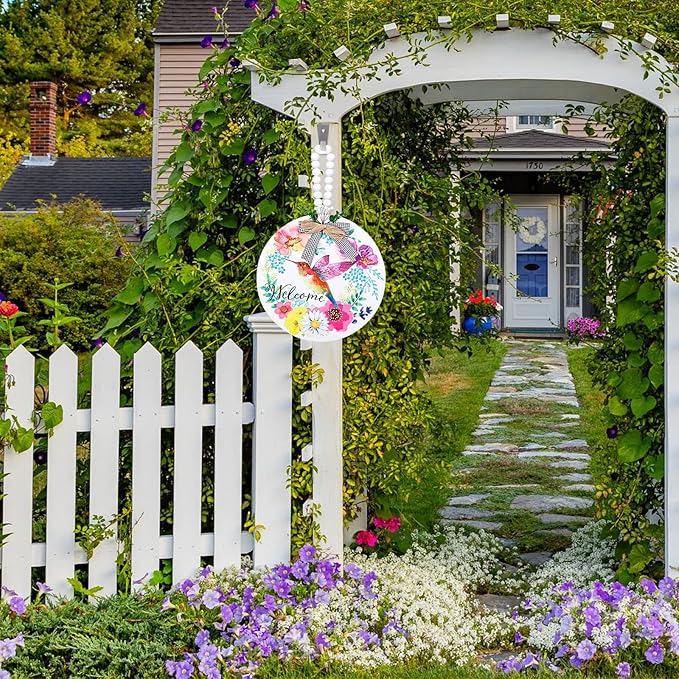 Welcome Spring Hummingbird Sign for Front Door Decor, Floral Flowers Summer Door Hanger for Outside Porch, Seasonal Farmhouse Wooden Welcome Sign Indoor Wall Hanging Decoration
