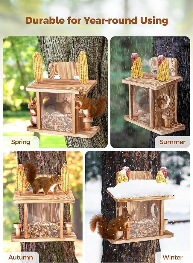 Squirrel Feeder for Outside, Thickened Solid Wooden Squirrel Feeders Platform, Chipmunk Feeder Hold Peanuts Corn Corn Cob, Durable Hanging Feeder Box Funny Squirrel Houses Picnic Table for Outdoors