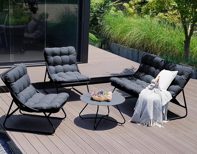 Grand patio Outdoor & Indoor 4-Piece Conversation Set E-Coated Patio Furniture, Removable Padded Olefin Cushion, Deluxe Enlarged Seat, Coffee Table, Charcoal Grey