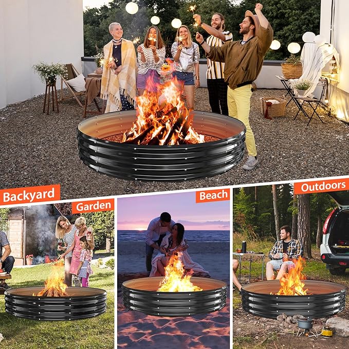72 Inch Round Galvanized Fire Pit Ring/Fire Ring - Foldable and Perfect for Outdoor Gatherings and Campfires in The Yard/Garden/Park/Beach (Black+Gray, 6 FT Diameter+1 FT Tall)
