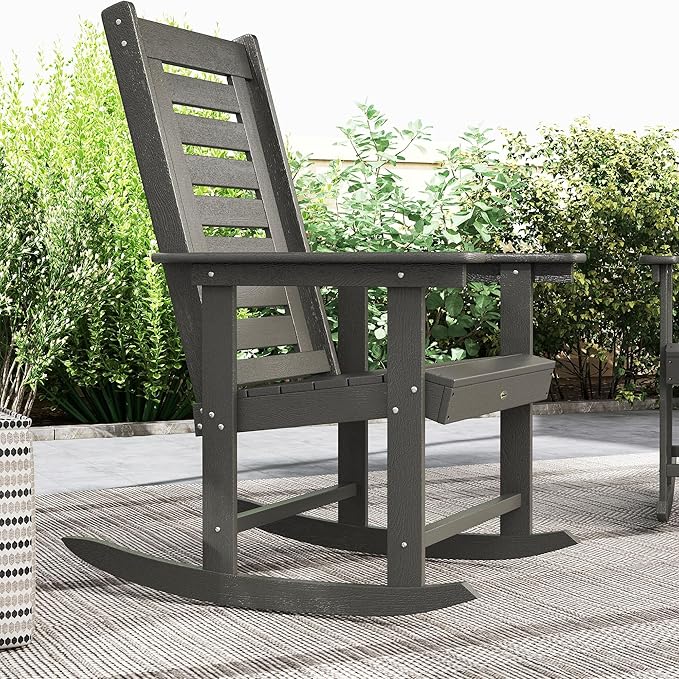 Outsunny Outdoor Rocking Chairs Set of 2, HDPE Patio Rocking Chairs with 28" High Back and Wide Armrests, All-Weather Slatted Porch Rockers for Garden, Balcony, Fire Pit, Dark Gray
