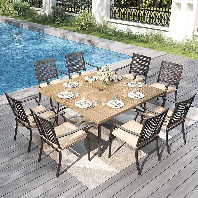 PHI VILLA 9 Pieces Outdoor Dining Set for 8, 60” Square Metal Wood-Like Table & Stackable Steel Chairs with Cushions, Large Furniture Set for Outdoor Deck, Yard, Porch - Black