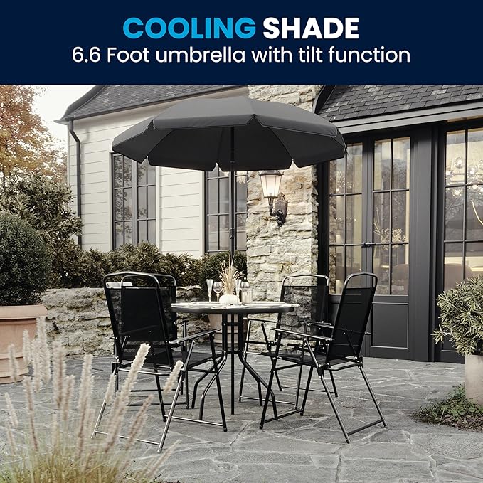 Flash Furniture Nantucket 6-Piece Patio Dining Set with Glass Table, 4 Folding Chairs, and Umbrella, Outdoor Patio Set, Black