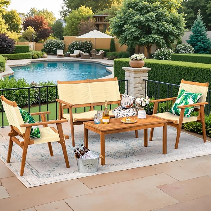 Devoko 4 Pieces Acacia Wood Patio Conversation Sets, Patio Furniture Set with Hand Woven Rope Seats and Back, Outdoor Chair and Table Set for 4 for Balcony, Backyard, Deck, Poolside