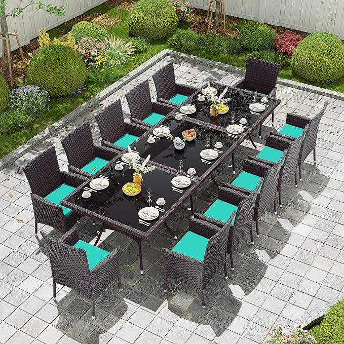 Kullavik 15-Piece Outdoor Dining Set Patio Rattan Furniture Set,Patio Dining Table and Chairs Set with 12 Chairs and Cushions,Square Glass Tabletop with Umbrella Hole for Patio,Backyard,Garden,Blue