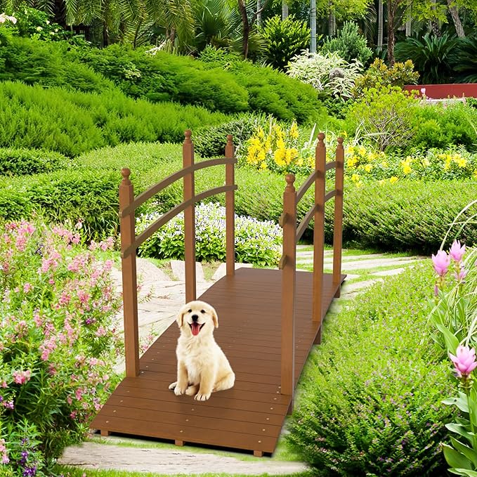 VINGLI Garden Bridge, Classic Wooden Bridge with Safety Rails, Decorative Arhced Footbridge for Patio Pond, Creek, Pathway (Brown, 7.5 ft)