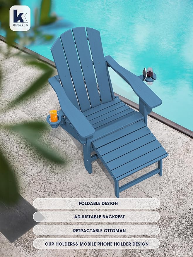 KINGYES Folding Adjustable Adirondack Chair with Ottoman & 2 Cup Holders Set of 4, HDPE Recliner Adirondack Chair with Footrest, Blue