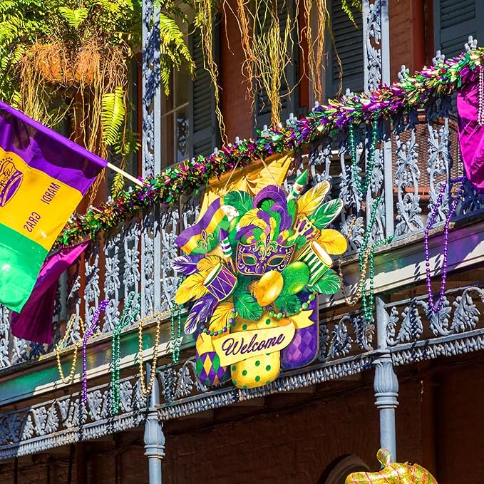 Boao Welcome Mardi Gras Door Decorations Mardi Gras Sign Hanging Decoration wall Hanger Masquerade Carnival Wreath for Outdoor Farmhouse Porch Front Door Decor