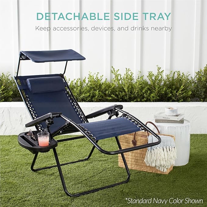 Best Choice Products 30” Wide Folding Zero Gravity Outdoor Recliner Patio Lounge Chair w/Adjustable Canopy Shade, Headrest, Side Accessory Tray - American Flag
