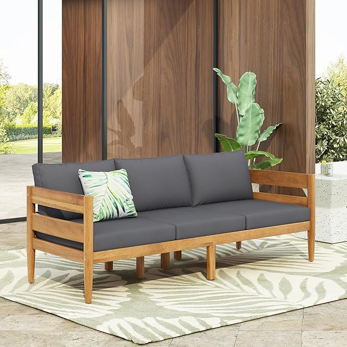Christopher Knight Home Kavets 76.25'' W Outdoor 3 Seater Sofa with 5" Cushion, Acacia Wood Patio Sofa, Modern Slat Panel Bench, Spacious Seating Couch for Backyard Garden Porch, Light Teak+Dark Gray