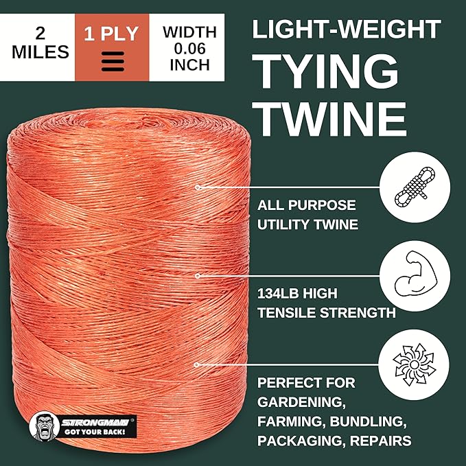 Strongman Baling Twine Roll – 1Ply, 10500 Ft, 105 LB Strength Polypropylene Rope – Won’t Tangle or Snap When Tying, Bundling, or Baling – Ideal for Farming, Gardening & Heavy-Duty Jobs