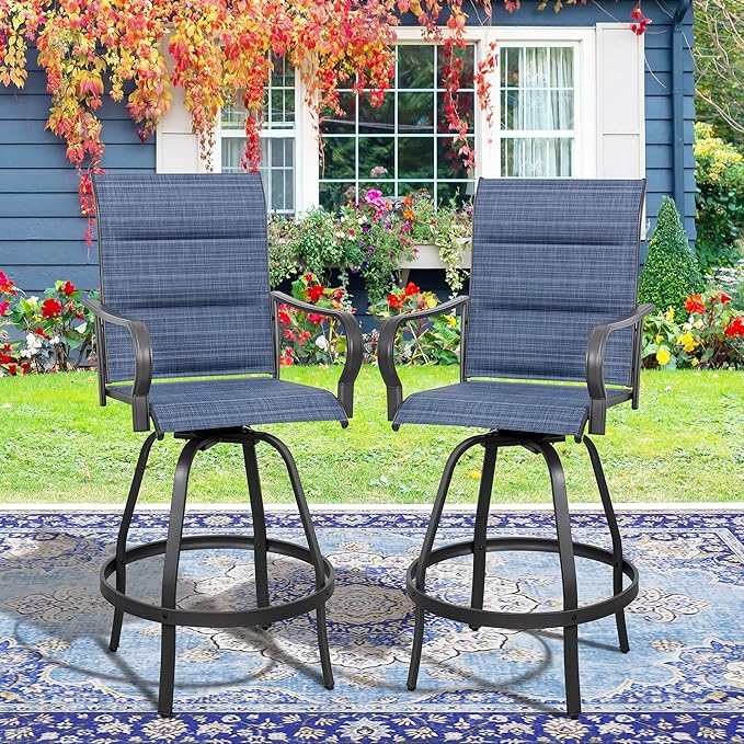 Vongrasig 2 Piece Outdoor Patio Swivel Bar Chairs, All Weather Padded Sling Textile High Top Bar Stools, Bistro Set for Backyard, Lawn Garden, Balcony, Padded Blue