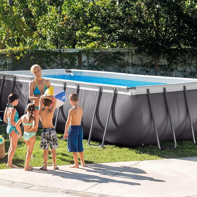 Intex 26351EH 18ft X 9ft X 52in Ultra Frame Rectangular Pool Set with Sand Filter Pump, Ladder, Ground Cloth & Pool Cover