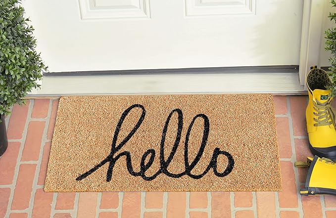 LuxUrux Hello Door Mat Outdoor Coco Coir Doormat, with Heavy-Duty PVC Backing - Natural - Perfect Color/Sizing for Outdoor/Indoor uses. (17 x 30, Script Hello)