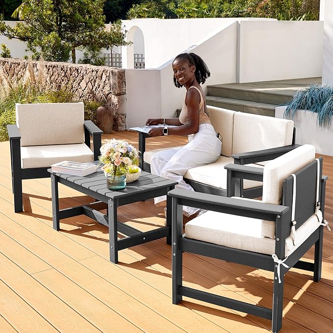 SERWALL 3 Pieces HDPE Outdoor Sofa Bistro Set with Cushions, Outdoor Furniture Sofa Sets with Coffee Table and Cushions, All Weather Conversation Social Set, Grey Frame with Khaki Cushion