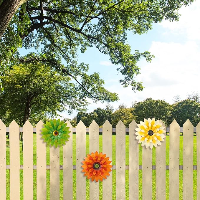 Hotop 3 Pcs Metal Flower Wall Art 3D Metal Daisy Wall Decor Multiple Layer Hanging Flower Rustic Farmhouse Boho Style Decorations for Indoor Outdoor Home Living Room Office Garden, 8 Inches(Classic)