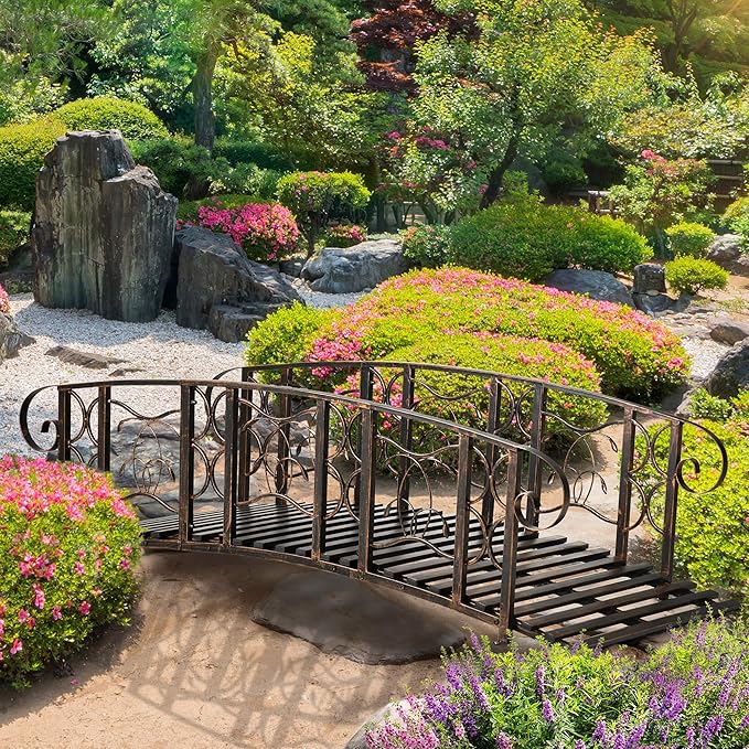 6' Metal Arch Backyard Garden Bridge with 660 lbs Weight Capacity, Safety Siderails, Easy Assembly, Brown