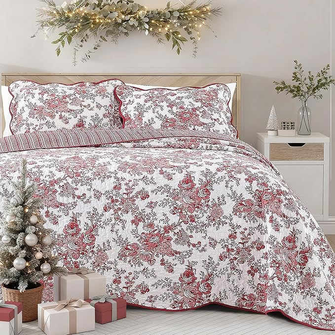 Wonderful 100% Cotton Red Floral Bedspread Set Queen Size, Quilt Bedding Sets with Pillow Shams, 3 Pieces Botanical Coverlet Set, Quilted Blanket Bed Cover for All Season, 102"x118"