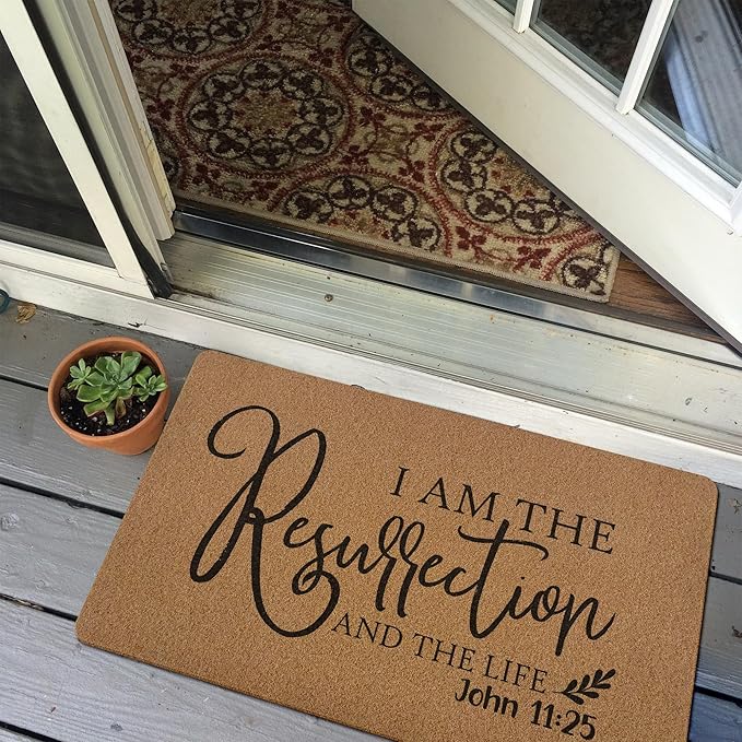 Christian Easter Door Mat, I Am The Resurrection Bible Verse Welcome Front Door Mat Indoor Outdoor Entrance, Religious Christian Artificial Coir Doormats Rugs for Porch Entryway Decor 30x17in