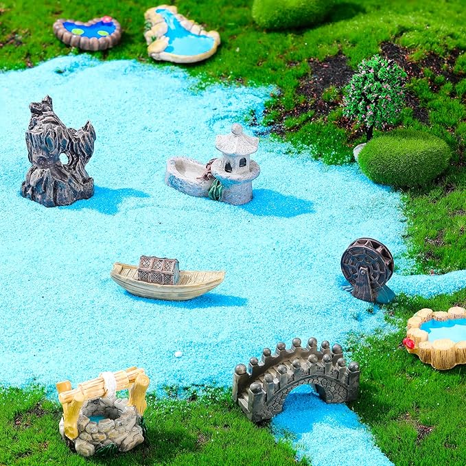 Jetec 12 Pcs Mini Fairy Garden Accessories Miniature Tiny Stone Bridge Mini Pond Mountain Moss Stones Water Well Waterwheel Figurines Resin Ornaments for DIY Craft, Lawn Pond Decor