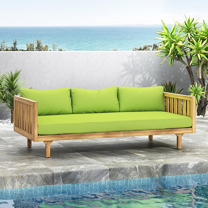 LUMISOL Outdoor Acacia Wood Daybed, Patio 3-Seater Sofa with Water-Resistant Cushions, Patio Conversation Set Outdoor Daybed with Wooden Armrests for Backyard, Deck, Poolside, Teak Green