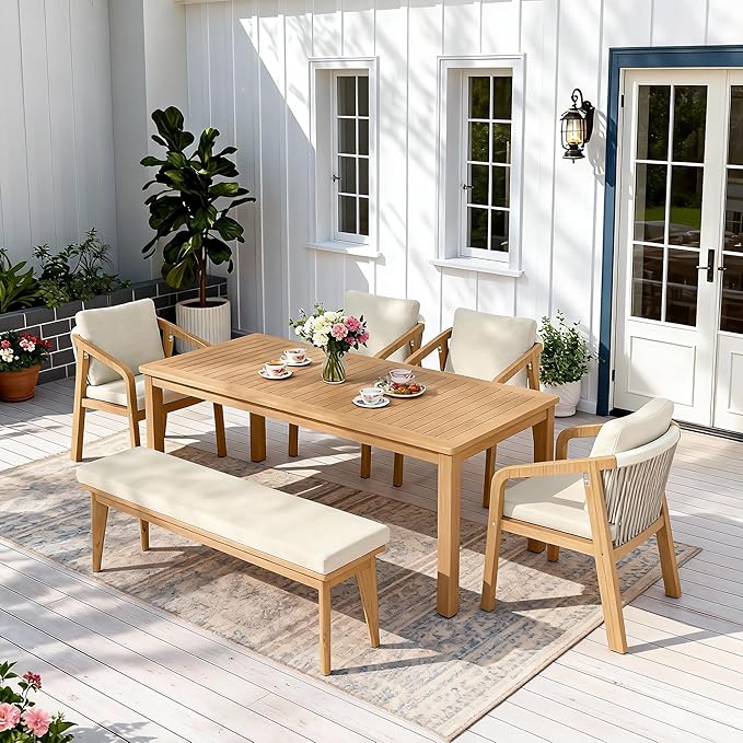 Wisteria Lane 6 Pieces Acacia Patio Dining Set for 6, Patio Dining Table and Chairs Set with Cushion, Modern Outdoor Dining Furniture Set for Garden Lawn Deck Backyard, Beige