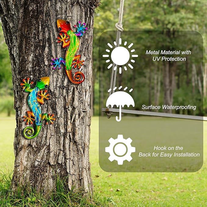 POXOHO Metal Lizard Wall Art Decor - 15 Inch Gecko Outdoor Decor Hanging Glass Sculpture Decoration for Patio Garden Fence(2 Pack) is an ideal Gift for a Father, Mother, and Grandmother
