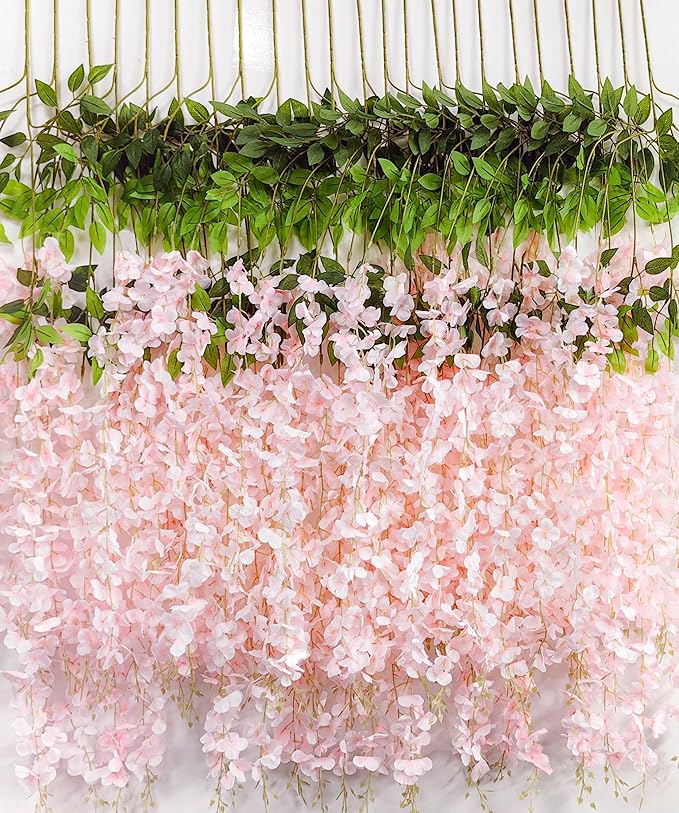 36pcs Artificial Wisteria Flowers 3.6 Feet/Piece Pink Dense Artificial Fake Wisteria Vine Ratta Hanging Garland Silk Flowers String Home Party Wedding Decor（Pink-Dense）