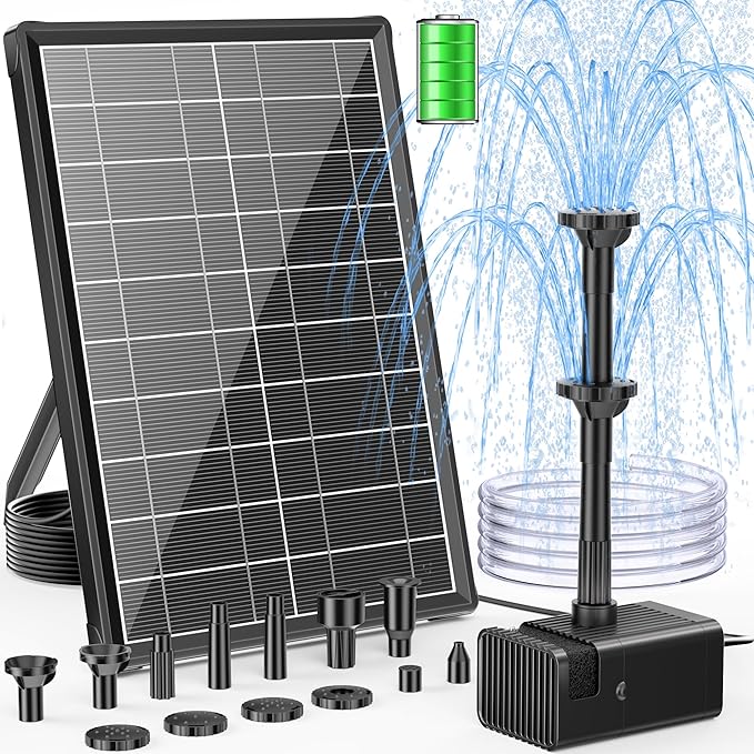 POPOSOAP 8W Solar Fountain Pump with Built-in 3600mAh Battery, Solar Powered Bird Bath Fountain with Dry-run Protection & Double-layer Nozzles 5Ft Tubing for Pond, Bird Bath, Backyard Water Feature