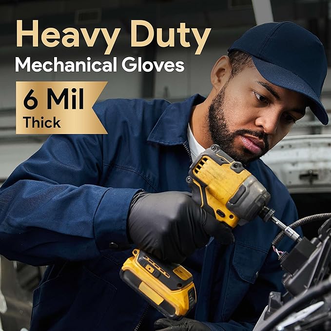 FifthPulse 6 Mil Black Nitrile Gloves, Heavy Duty Mechanic and Food Grade Glove - Powder-Free, Latex-Free Medical Exam Gloves