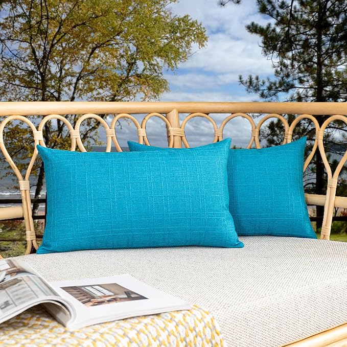 Kevin Textile Pack of 2 Outdoor Waterproof Throw Pillow Covers Decorative Square Outdoor Checkered Pillows Cushion Case Patio Pillows for Couch 12x20 inches 30x50 cm Peacock Blue
