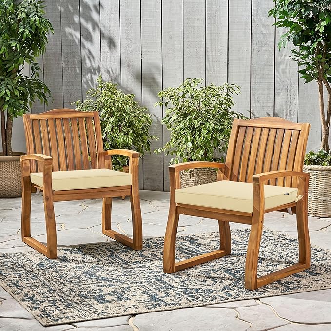 Outdoor Chair Cushions 24 x 24 Inch Waterproof Patio Chair Cushions with Tie 5 Year Color Fastness Thick Outdoor Seat Cushion for Garden Lawn Patio Furniture Beige Set of 2