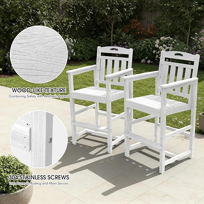 Ciokea Heavy Duty Bar Height Chair, 380lbs Outdoor Adirondack Tall Bar Chair Patio Stool with Arms & High Back, Heavy Duty All-Weather for Balcony, Poolside, Deck and Garden, White
