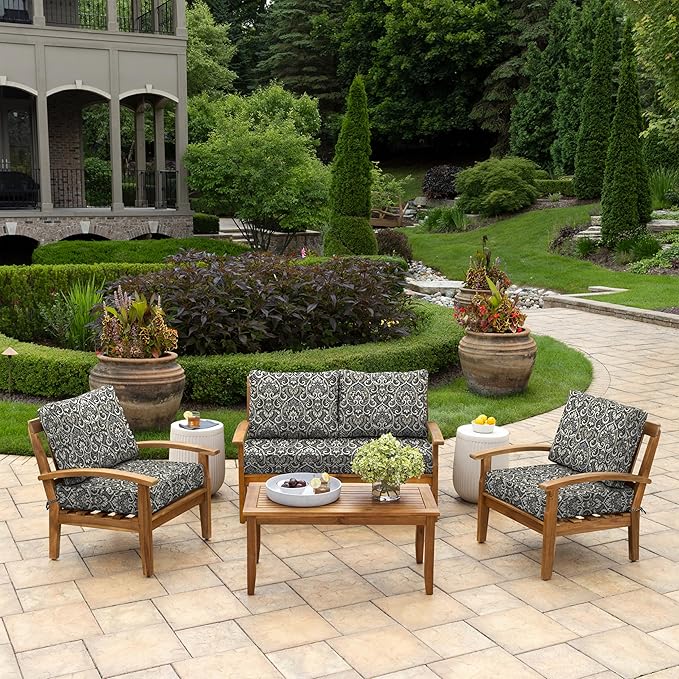 Arden Outdoor Loveseat Cushion Set, 48 x 24, Rain-Proof, Fade Resistant, Cushion Set for Couch, Bench, and Swing Black Aurora Damask